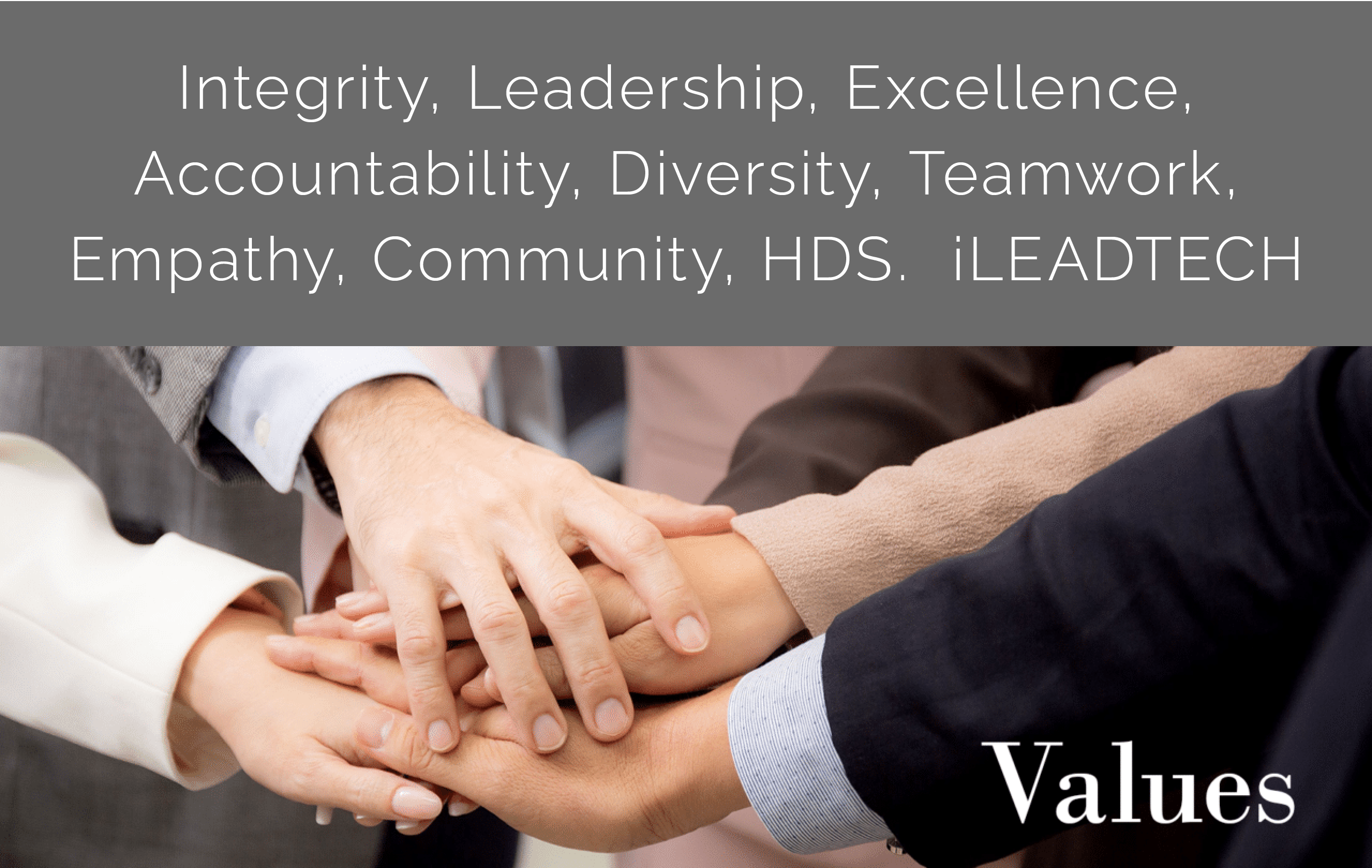 Integrity, Leadership, Excellence, Accountability, Diversity, Teamwork, Empathy, Community, HDS.  iLEADTECH